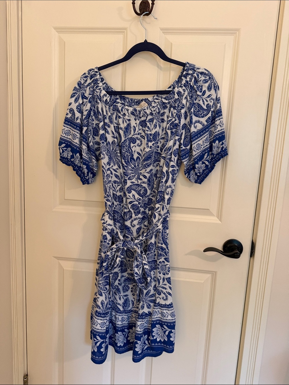 LOFT Blue and White Paisley Tie-Waist Mini Dress